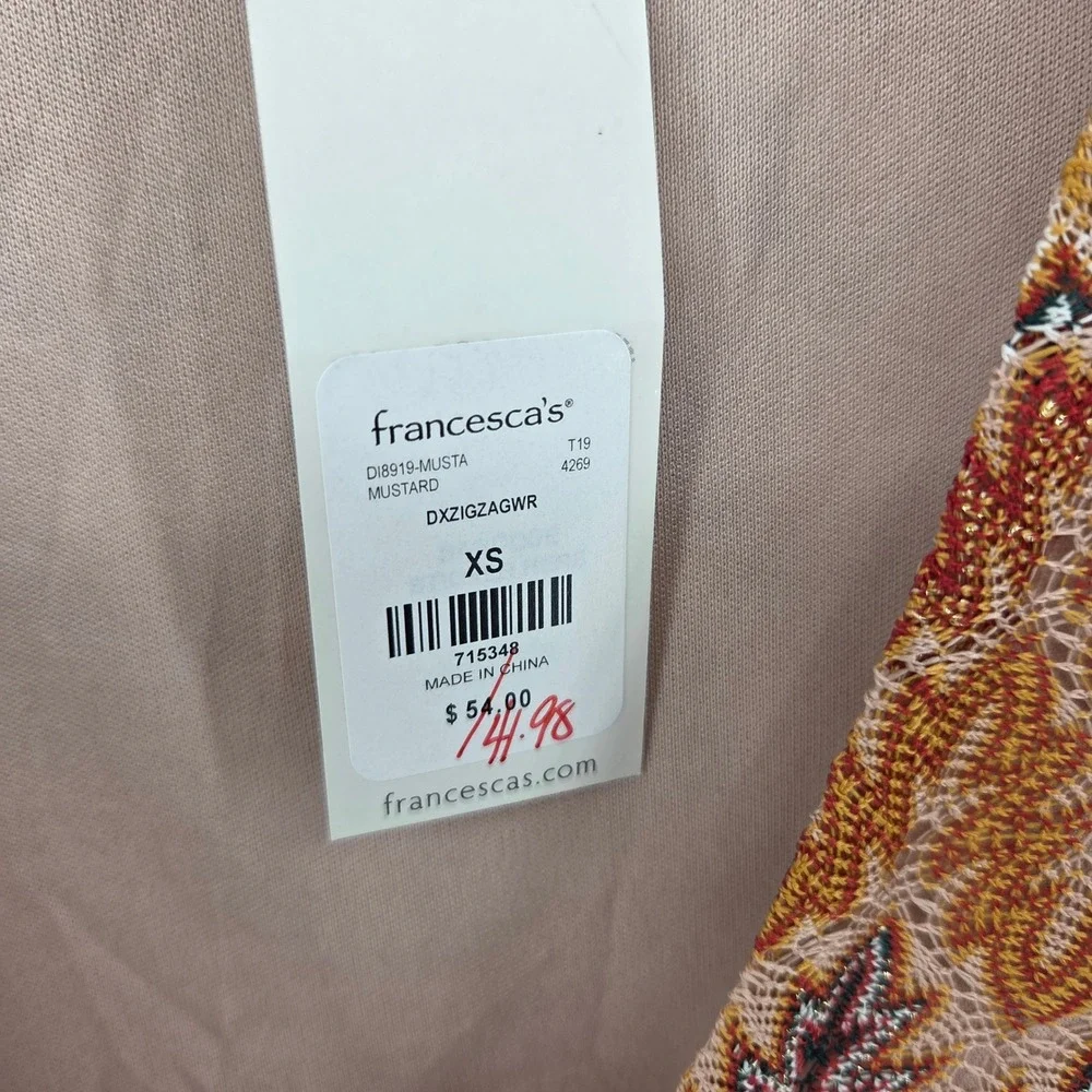Francesca's Mi Ami Wrap Dress XS‎ Mustard Zigzag Metallic Long Sleeve Boho Retro